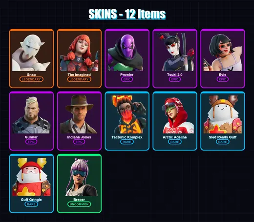 [PC/XBOX/PSN] | Snap | The Imagined | Prowler | Tsuki 2.0 | Evie | 12 skin | 15 pickaxe | 11 emote | 19 glider | Lv145 — Game account