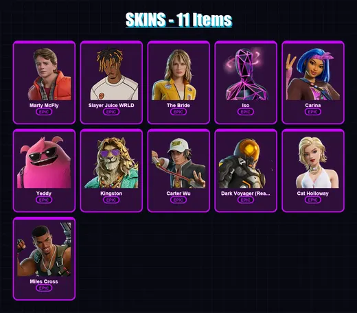[PC/PSN] | Marty McFly | Slayer Juice WRLD | The Bride | Iso | Carina | 11 skin | 32 pickaxe | 19 emote | 28 glider | Lv248