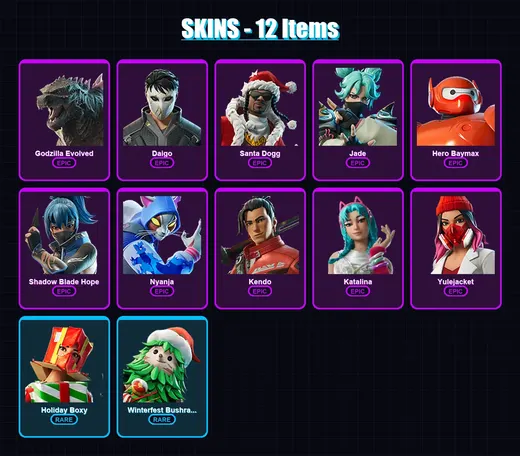[PC/XBOX/PSN] | Godzilla Evolved | Daigo | Santa Dogg | Jade | Hero Baymax | 12 skin | 23 pickaxe | 12 emote | 18 glider | Lv138
