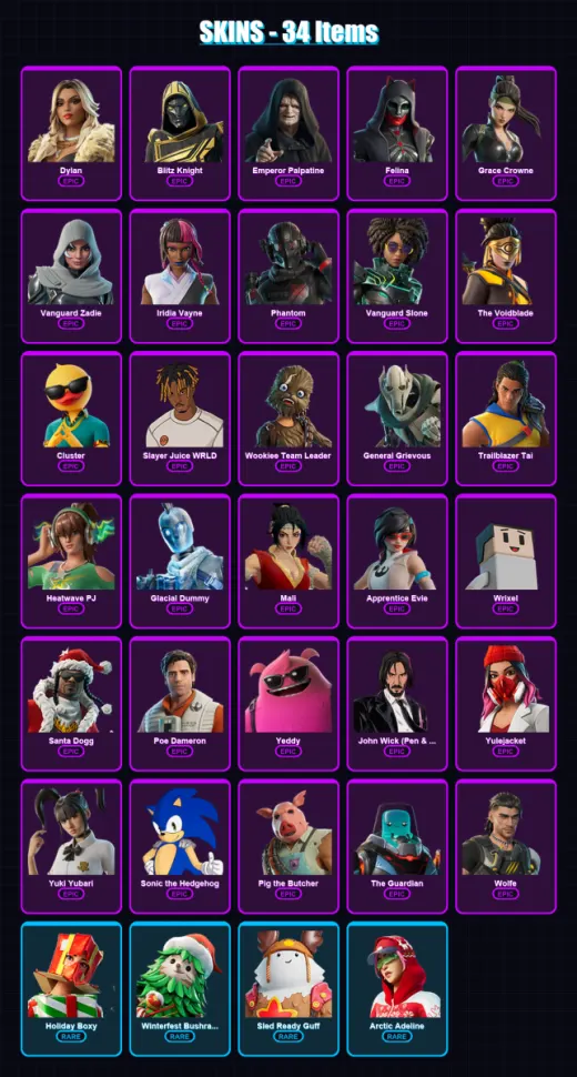 [PC/PSN] | Dylan | Blitz Knight | Emperor Palpatine | Felina | Grace Crowne | 34 skin | 102 pickaxe | 45 emote | 69 glider | Lv837
