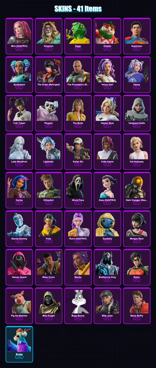[SWITCH/XBOX/PC] | Mira (HUNTR/X) | Kingston | Ziggy | Cheeks | Superman | 41 skin | 99 pickaxe | 57 emote | 63 glider | Lv863
