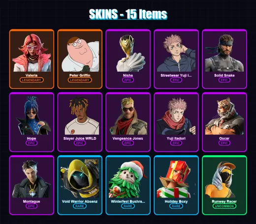 [PC/PSN] | Valeria | Peter Griffin | Nisha | Streetwear Yuji Itadori | Solid Snake | 15 skin | 30 pickaxe | 21 emote | 24 glider | Lv333