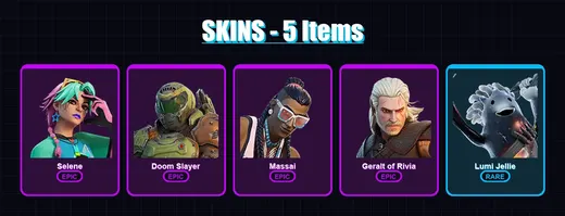[PC/XBOX/PSN] | Selene | Doom Slayer | Massai | Geralt of Rivia | Lumi Jellie | 5 skin | 6 pickaxe | 6 emote | 7 glider | Lv42