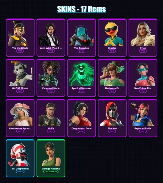 [PC/XBOX/PSN] | The Voidblade | John Wick (Pen & Ink) | The Guardian | Cluster | Dylan | 17 skin | 19 pickaxe | 27 emote | 17 glider | Lv406