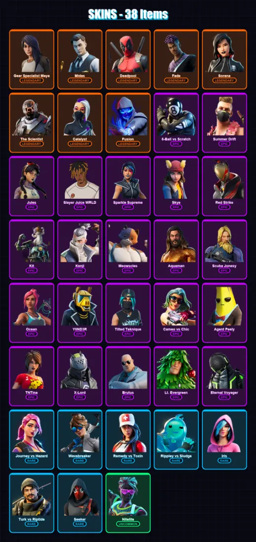[PC/XBOX/PSN] | Gear Specialist Maya | Midas | Deadpool | Fade | Sorana | 38 skin | 42 pickaxe | 35 emote | 36 glider | Lv413