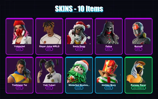 [PC/PSN] | Yulejacket | Slayer Juice WRLD | Santa Dogg | Felina | Burnoff | 10 skin | 88 pickaxe | 41 emote | 65 glider | Lv1296