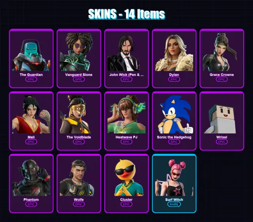 [PC/XBOX/PSN] | The Guardian | Vanguard Slone | John Wick (Pen & Ink) | Dylan | Grace Crowne | 14 skin | 22 pickaxe | 14 emote | 16 glider | Lv157