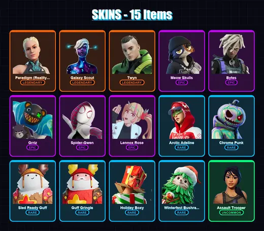 [PC/XBOX/PSN] | Paradigm (Reality-659) | Galaxy Scout | Twyn | Meow Skulls | Bytes | 15 skin | 20 pickaxe | 19 emote | 22 glider | Lv309