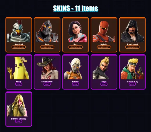 [PC/XBOX/PSN] | Sentinel | Ruin | Rox | Hybrid | Blackheart | 11 skin | 12 pickaxe | 16 emote | 18 glider | Lv234