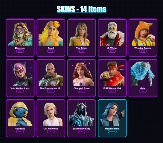 [PC/PSN] | Kingston | Soleil | The Bride | Lt. Winter | Wonder Onesie | 14 skin | 18 pickaxe | 15 emote | 14 glider | Lv89