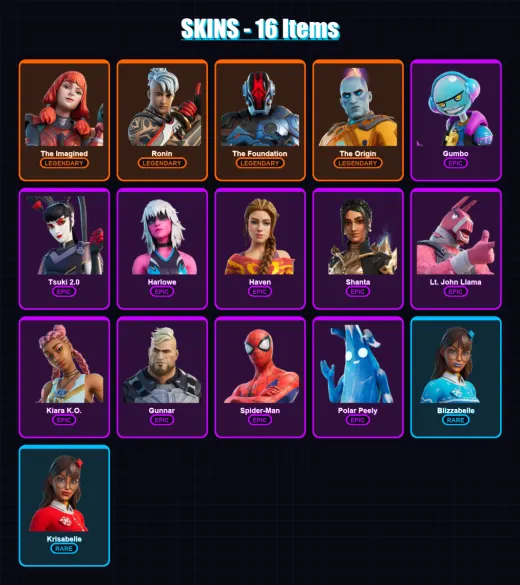 [PC/XBOX/PSN] | The Imagined | Ronin | The Foundation | The Origin | Gumbo | 16 skin | 22 pickaxe | 24 emote | 23 glider | Lv384