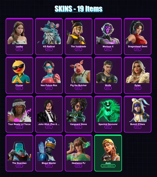 [PC/XBOX/PSN] | Laufey | KD Rattical | The Voidblade | Mortuus X | Dragonheart Demi | 19 skin | 39 pickaxe | 23 emote | 26 glider | Lv295