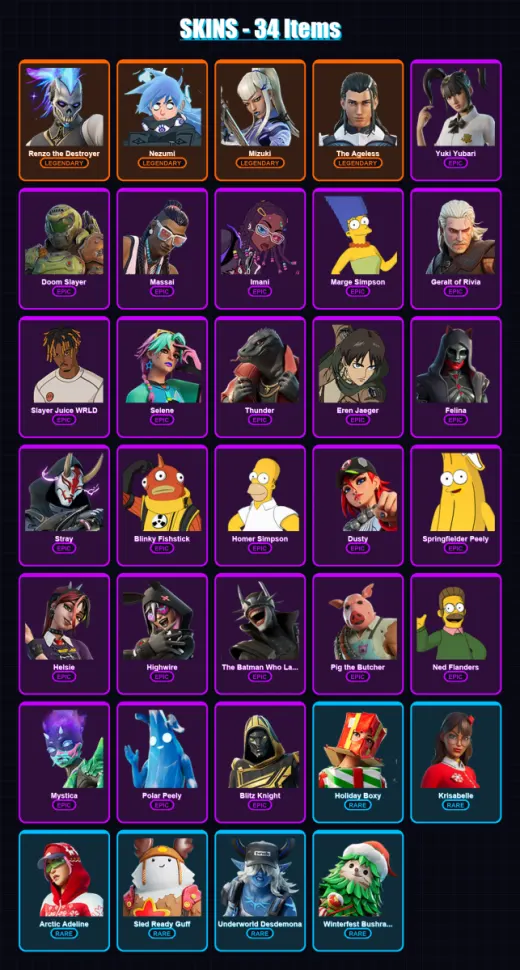 [PS4/PS5/XBOX/PC] | Renzo the Destroyer | Nezumi | Mizuki | The Ageless | Yuki Yubari | 34 skin | 91 pickaxe | 56 emote | 80 glider | Lv1050