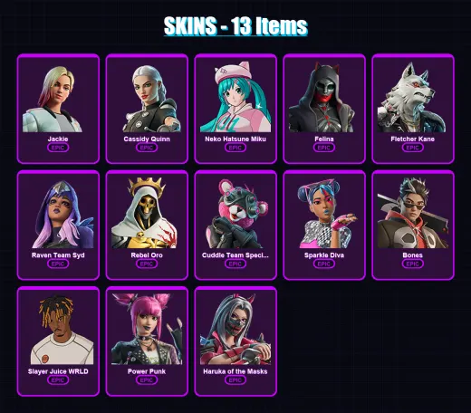 [PC/XBOX/PSN] | Jackie | Cassidy Quinn | Neko Hatsune Miku | Felina | Fletcher Kane | 13 skin | 25 pickaxe | 16 emote | 19 glider | Lv191