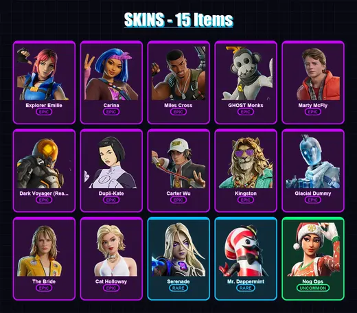 [PC/XBOX/PSN] | Explorer Emilie | Carina | Miles Cross | GHOST Monks | Marty McFly | 15 skin | 55 pickaxe | 23 emote | 39 glider | Lv511
