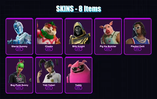 [PC/PSN] | Glacial Dummy | Cheeks | Blitz Knight | Pig the Butcher | Playboi Carti | 8 skin | 54 pickaxe | 23 emote | 38 glider | Lv475