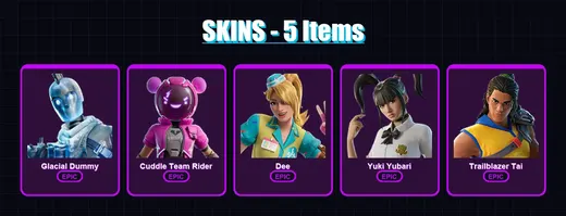 [PC/XBOX/PSN] | Glacial Dummy | Cuddle Team Rider | Dee | Yuki Yubari | Trailblazer Tai | 5 skin | 33 pickaxe | 12 emote | 14 glider | Lv225