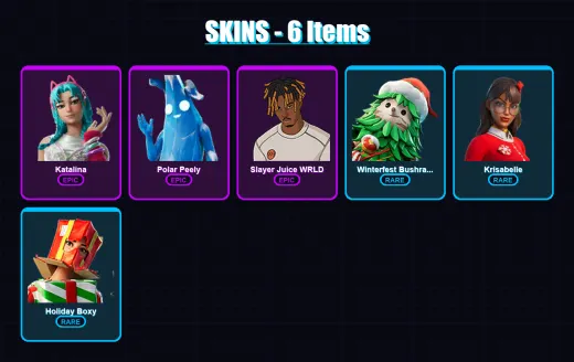 [SWITCH/XBOX/PC] | Katalina | Polar Peely | Slayer Juice WRLD | Winterfest Bushranger | Krisabelle | 6 skin | 11 pickaxe | 7 emote | 14 glider | Lv9