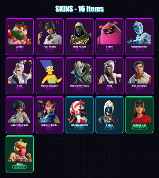 [PC/PSN] | Cheeks | Yuki Yubari | Blitz Knight | Yeddy | Glacial Dummy | 16 skin | 51 pickaxe | 38 emote | 36 glider | Lv311