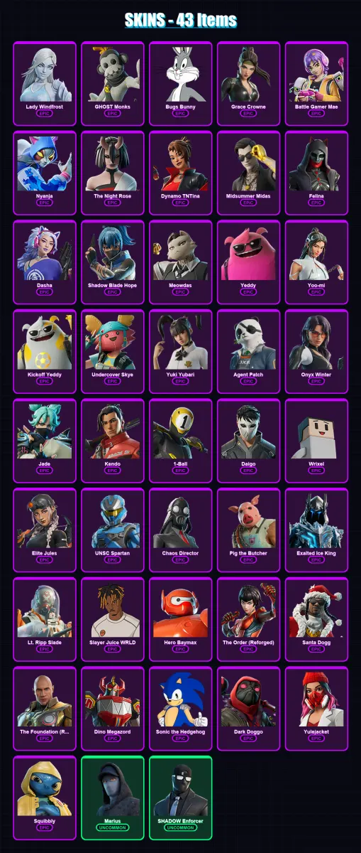 [PC/XBOX/PSN] | Lady Windfrost | GHOST Monks | Bugs Bunny | Grace Crowne | Battle Gamer Mae | 43 skin | 96 pickaxe | 57 emote | 59 glider | Lv1058
