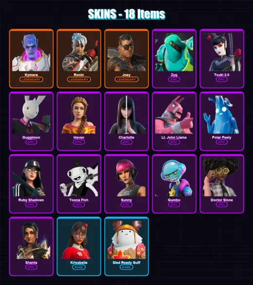 [PC/PSN] | Kymera | Ronin | Joey | Zyg | Tsuki 2.0 | 18 skin | 35 pickaxe | 24 emote | 39 glider | Lv530