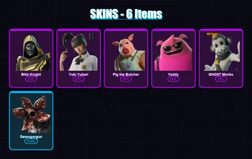[PC/XBOX/PSN] | Blitz Knight | Yuki Yubari | Pig the Butcher | Yeddy | GHOST Monks | 6 skin | 38 pickaxe | 18 emote | 24 glider | Lv306