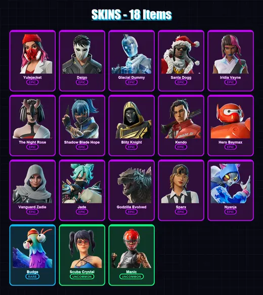 [PC/XBOX/PSN] | Yulejacket | Daigo | Glacial Dummy | Santa Dogg | Iridia Vayne | 18 skin | 65 pickaxe | 30 emote | 39 glider | Lv706 — Game account