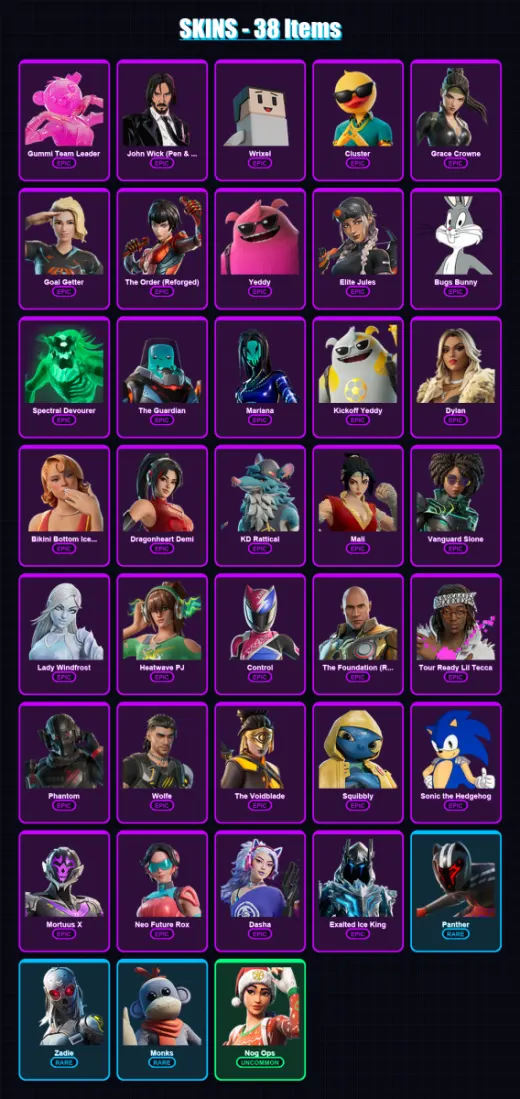 [PS4/PS5/XBOX/PC] | Gummi Team Leader | John Wick (Pen & Ink) | Wrixel | Cluster | Grace Crowne | 38 skin | 39 pickaxe | 38 emote | 32 glider | Lv49
