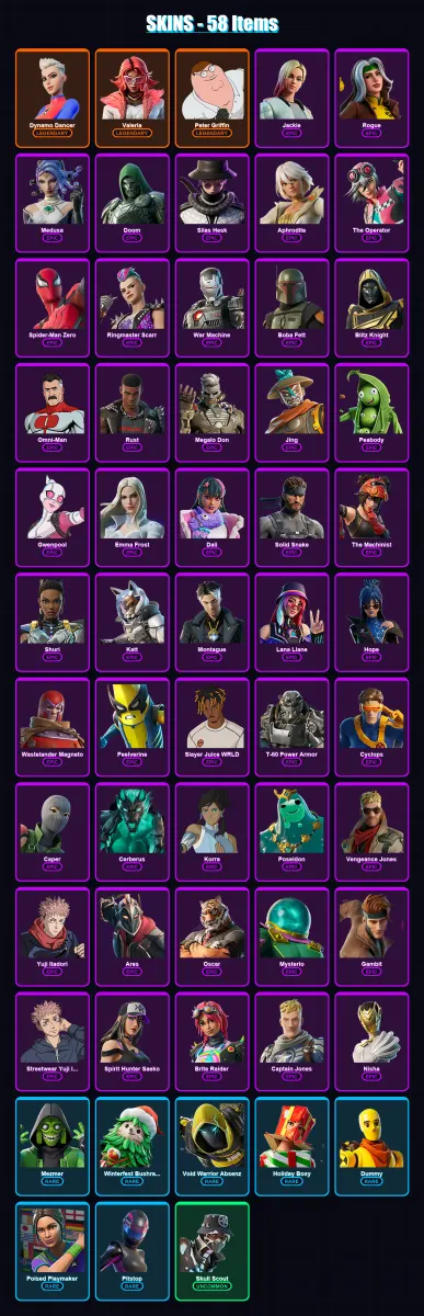 [PS4/PS5/XBOX/PC] | Dynamo Dancer | Valeria | Peter Griffin | Jackie | Rogue | 58 skin | 77 pickaxe | 48 emote | 46 glider | Lv834