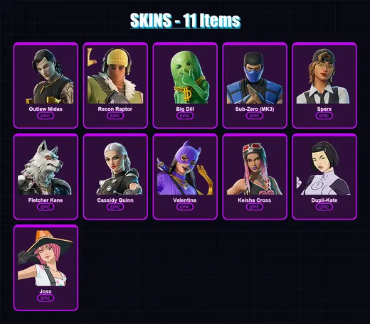 [PC/PSN] | Outlaw Midas | Recon Raptor | Big Dill | Sub-Zero (MK3) | Sparx | 11 skin | 29 pickaxe | 16 emote | 21 glider | Lv257