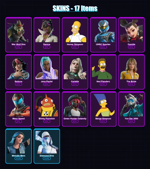 [PC/XBOX/PSN] | War Wolf Dire | Danica | Homer Simpson | UNSC Spartan | Camille | 17 skin | 37 pickaxe | 21 emote | 22 glider | Lv268
