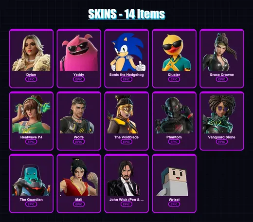 [PC/PSN] | Dylan | Yeddy | Sonic the Hedgehog | Cluster | Grace Crowne | 14 skin | 22 pickaxe | 14 emote | 19 glider | Lv156