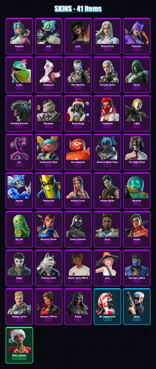 [PC/XBOX/PSN] | Katalina | Jade | Lyric | Emma Frost | Valentina | 41 skin | 63 pickaxe | 40 emote | 43 glider | Lv1525 — Game account