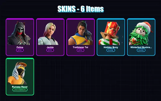 [PS4/PS5/XBOX/PC] | Felina | Jackie | Trailblazer Tai | Holiday Boxy | Winterfest Bushranger | 6 skin | 21 pickaxe | 13 emote | 19 glider | Lv268 — Game account