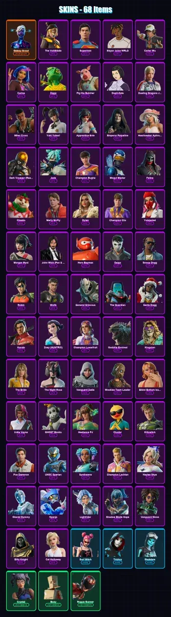 [PC/PSN] | Galaxy Scout | The Voidblade | Superman | Slayer Juice WRLD | Carter Wu | 68 skin | 124 pickaxe | 80 emote | 79 glider | Lv2741