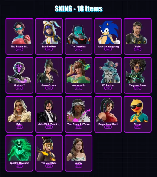 [PC/XBOX/PSN] | Neo Future Rox | Bunnii O'Hare | The Guardian | Sonic the Hedgehog | Wolfe | 18 skin | 28 pickaxe | 18 emote | 19 glider | Lv176
