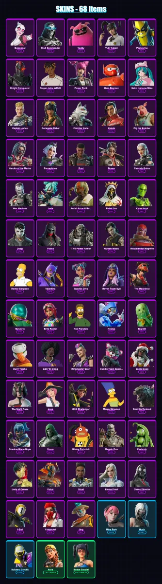 [PC] | Gwenpool | Skull Commander | Yeddy | Yuki Yubari | Peelverine | 68 skin | 130 pickaxe | 71 emote | 83 glider | Lv1157