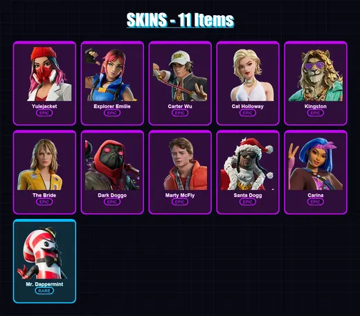 [PC/PSN] | Yulejacket | Explorer Emilie | Carter Wu | Cat Holloway | Kingston | 11 skin | 28 pickaxe | 14 emote | 16 glider | Lv127