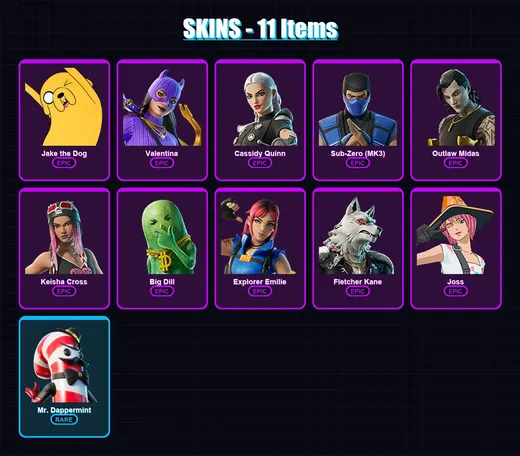 [PC/XBOX/PSN] | Jake the Dog | Valentina | Cassidy Quinn | Sub-Zero (MK3) | Outlaw Midas | 11 skin | 23 pickaxe | 14 emote | 16 glider | Lv137 — Game account
