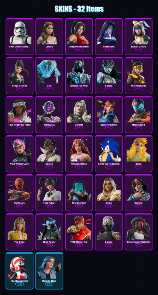 [PC/PSN] | First Order Stormtrooper | Laufey | Dragonheart Demi | Corascana | Bunnii O'Hare | 32 skin | 15 pickaxe | 5 emote | 5 glider | Lv11