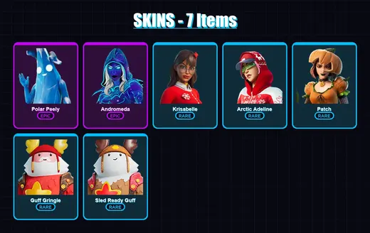 [PC/XBOX/PSN] | Polar Peely | Andromeda | Krisabelle | Arctic Adeline | Patch | 7 skin | 7 pickaxe | 17 emote | 5 glider | Lv32
