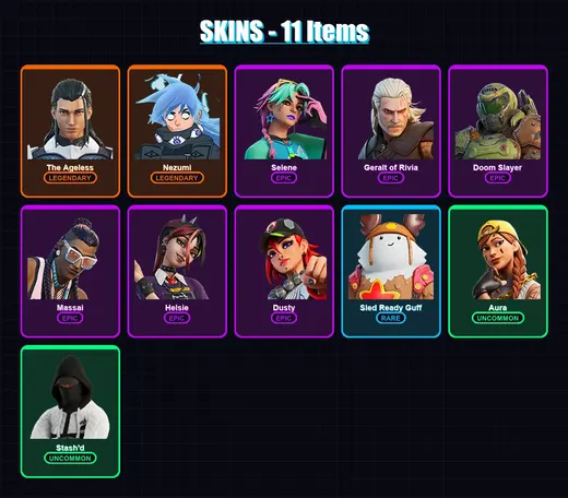[PC/XBOX/PSN] | The Ageless | Nezumi | Selene | Geralt of Rivia | Doom Slayer | 11 skin | 30 pickaxe | 19 emote | 28 glider | Lv583 — Game account