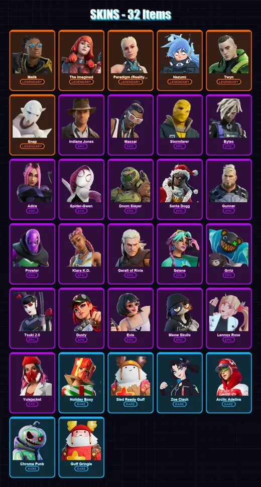 [PC/XBOX/PSN] | Malik | The Imagined | Paradigm (Reality-659) | Nezumi | Twyn | 32 skin | 43 pickaxe | 22 emote | 41 glider | Lv413 — Game account