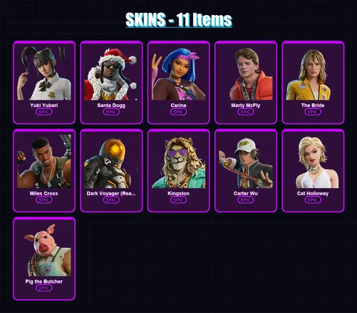 [PC/XBOX/PSN] | Yuki Yubari | Santa Dogg | Carina | Marty McFly | The Bride | 11 skin | 41 pickaxe | 24 emote | 27 glider | Lv325