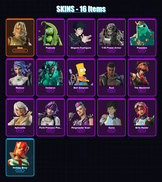 [PC/XBOX/PSN] | Zeus | Peabody | Megumi Fushiguro | T-60 Power Armor | Poseidon | 16 skin | 39 pickaxe | 24 emote | 37 glider | Lv440