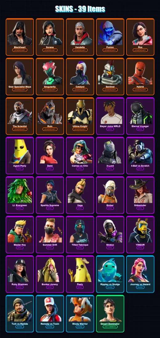 [PC/PSN] | Blackheart | Sorana | Vendetta | Fusion | Rox | 39 skin | 54 pickaxe | 62 emote | 51 glider | Lv615