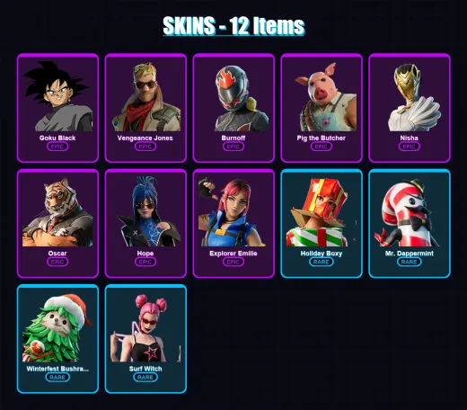 [PC/PSN] | Goku Black | Vengeance Jones | Burnoff | Pig the Butcher | Nisha | 12 skin | 44 pickaxe | 22 emote | 29 glider | Lv373