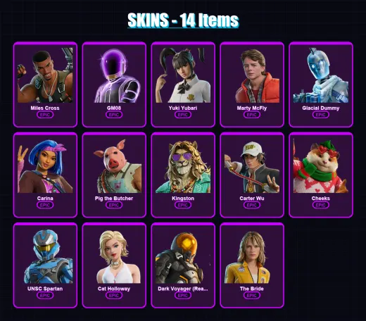 [PC/XBOX/PSN] | Miles Cross | GM08 | Yuki Yubari | Marty McFly | Glacial Dummy | 14 skin | 58 pickaxe | 28 emote | 42 glider | Lv1211 — Game account