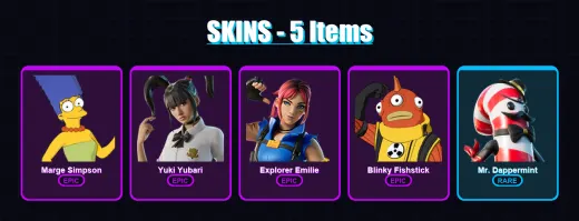 [PC/XBOX/PSN] | Marge Simpson | Yuki Yubari | Explorer Emilie | Blinky Fishstick | Mr. Dappermint | 5 skin | 11 pickaxe | 5 emote | 8 glider | Lv63