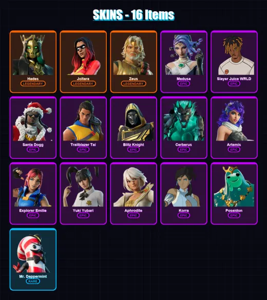 [SWITCH/XBOX/PSN/PC] | Hades | Joltara | Zeus | Medusa | Slayer Juice WRLD | 16 skin | 28 pickaxe | 24 emote | 23 glider | Lv417